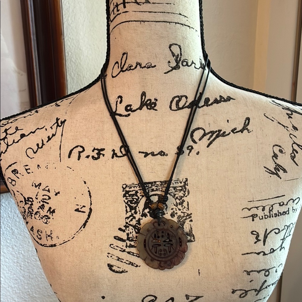 Black Cord Necklace with Brown Marble Look Pendant